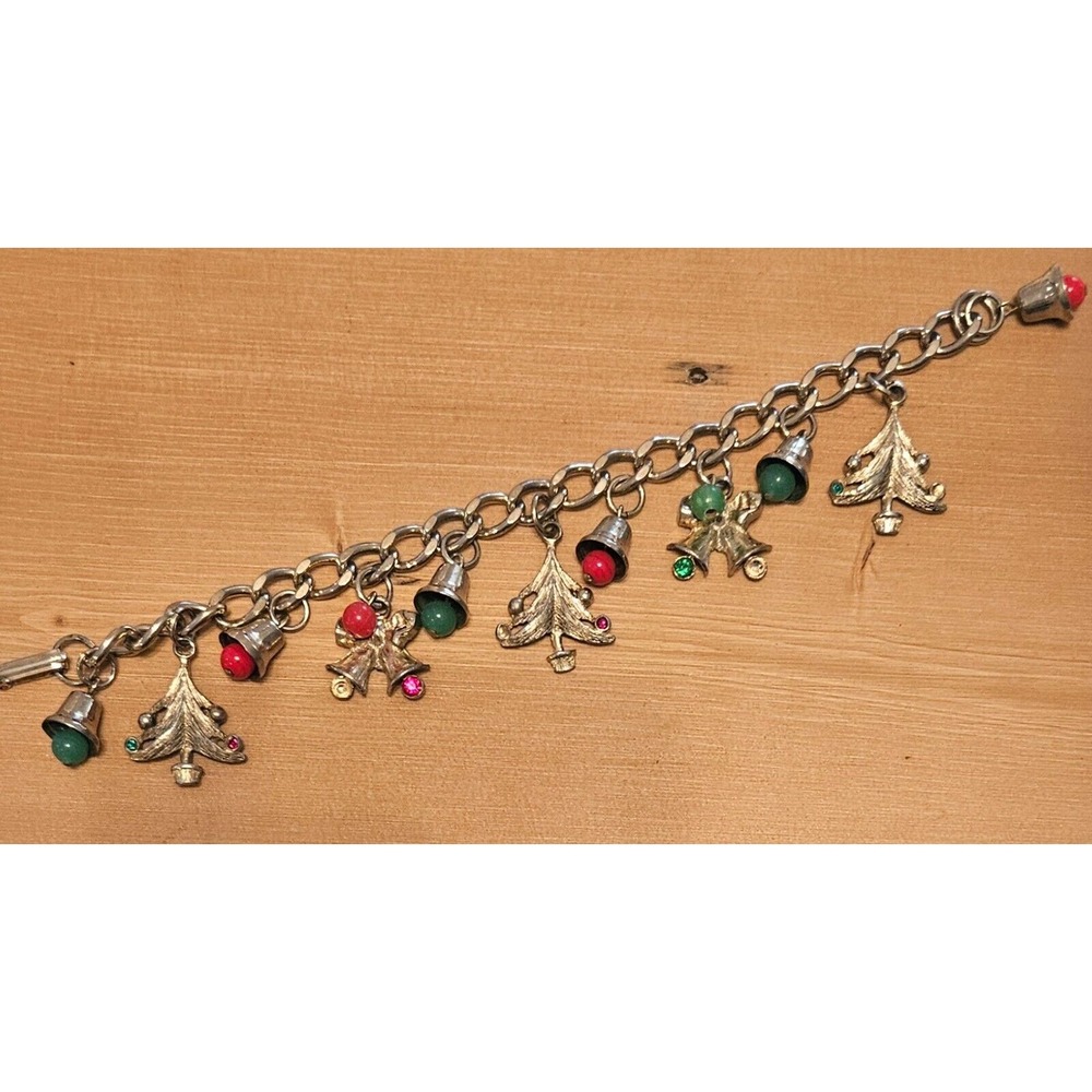 Christmas Charm‎ Bracelet Holiday Tree Bell Silver Tone Festive Jewelry VINTAGE